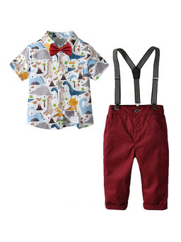 Hopscotch - Boys White and Maroon Animal Print Shirt Suspender Pant with Bow