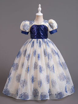 Hopscotch - Girls Off-White and Navy Floral Print Puff Sleeve Gown