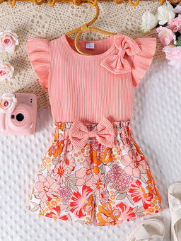 Hopscotch - Girls Peach Floral Print Top and Shorts