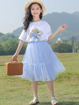 Hopscotch - Girls White and Blue Bow Applique T-Shirt Skirt