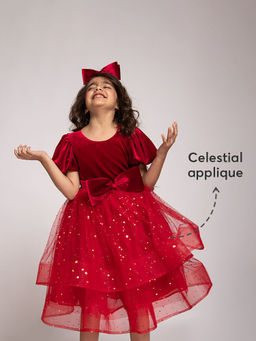 Hopscotch - Puff-Sleeve Velvet Bodice Party Dress with Bow Hairband