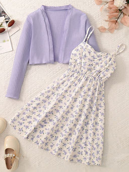 Hopscotch - Girls Floral Print Strappy Dress with Full Sleeve Shrug