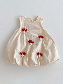 Hopscotch - Girls Beige Mushroom Applique Sleeveless Balloon Dress