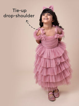 Hopscotch - Cold-Shoulder Tiered Party Dress with Bow and Headband