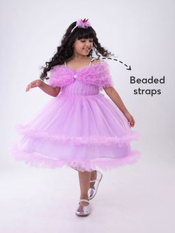 Hopscotch - Tiered Cold-Shoulder Ruffled Party Dress with Crown Headband and Bow