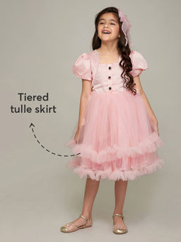 Hopscotch - Puff Sleeve Tiered Party Dress with Bow and Hair Clip