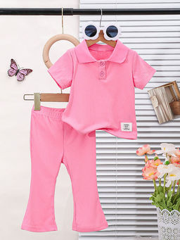 Hopscotch - Girls Pink Textured Polo T-Shirt and Pant