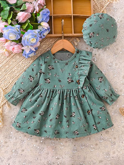 Hopscotch - Girls Green Floral Print Bishop Sleeve Casual Dress with Beret