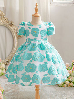 Hopscotch - Girls Teal and White Floral Textured Puff Sleeve Party Dress