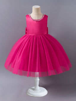 Hopscotch - Girls Pink Beads Embellished Sleeveless Party Dress with Bow