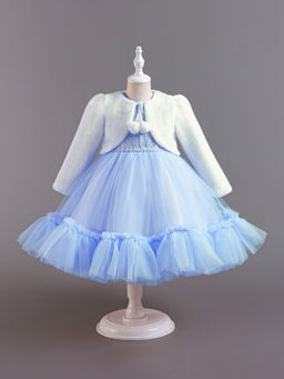 Hopscotch - Girls Blue and White Floral Embroidered Sleeveless Dress with Shrug
