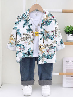 Hopscotch - Boys White and Blue Tropical Print Shirt Jeans