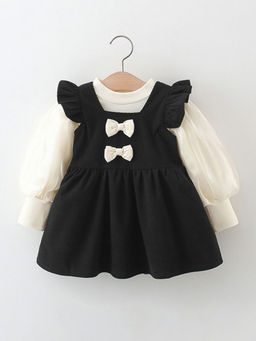 Hopscotch - Girls Black and Beige Bow Applique Casual Dress with Bishop Sleeve Blouse