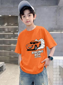 LEOTUDE - Orange Printed Cotton Oversized T-Shirt