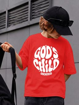 LEOTUDE - Red Printed Cotton Oversized T-Shirt