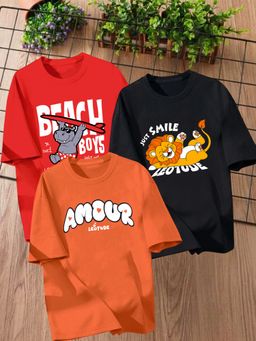 LEOTUDE - Multi-Color Printed Cotton Oversized T-Shirt (Pack of 3)