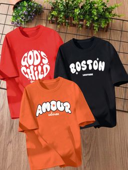 LEOTUDE - Multi-Color Printed Cotton Oversized T-Shirt (Pack of 3)