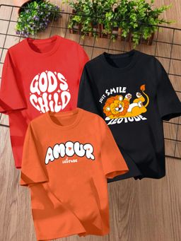 LEOTUDE - Multi-Color Printed Cotton Oversized T-Shirt (Pack of 3)