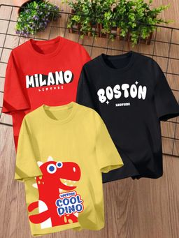 LEOTUDE - Multi-Color Printed Cotton Oversized T-Shirt (Pack of 3)
