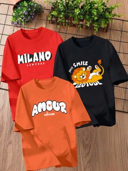 LEOTUDE - Multi-Color Printed Cotton Oversized T-Shirt (Pack of 3)