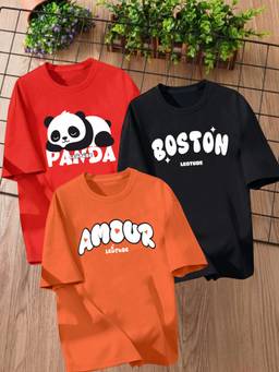 LEOTUDE - Multi-Color Printed Cotton Oversized T-Shirt (Pack of 3)