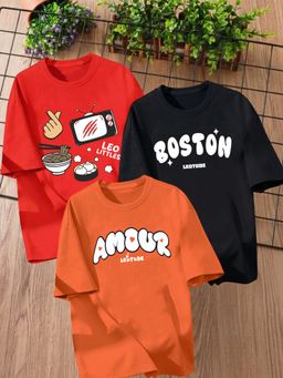 LEOTUDE - Multi-Color Printed Cotton Oversized T-Shirt (Pack of 3)