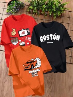 LEOTUDE - Multi-Color Printed Cotton Oversized T-Shirt (Pack of 3)