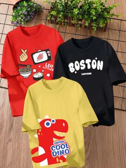 LEOTUDE - Multi-Color Printed Cotton Oversized T-Shirt (Pack of 3)