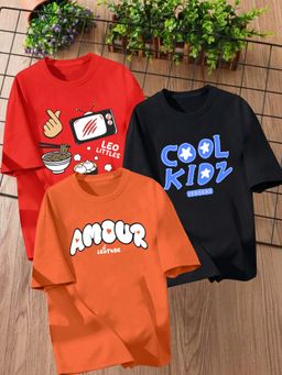 LEOTUDE - Multi-Color Printed Cotton Oversized T-Shirt (Pack of 3)