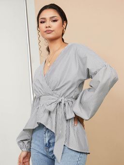 Styli - Black Long Volume Sleeves Pinstripe Wrap Top (Set of 2)