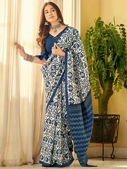 AMRUTKALA SAREES - Blue Designer Linen Printed Saree with Unstitched Blouse