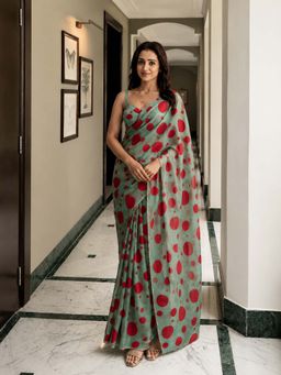 AMRUTKALA SAREES - Green Designer Linen Polka Dots Printed Saree with Unstitched Blouse