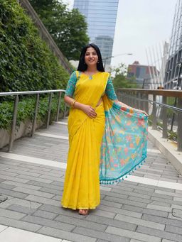 AMRUTKALA SAREES - Yellow Designer Linen Printed Saree with Unstitched Blouse
