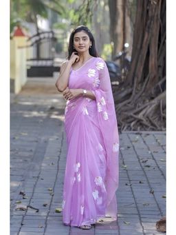 AMRUTKALA SAREES - Lavender Designer Linen Floral Printed Saree with Unstitched Blouse