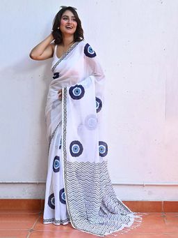 AMRUTKALA SAREES - White Designer Linen Printed Saree with Unstitched Blouse