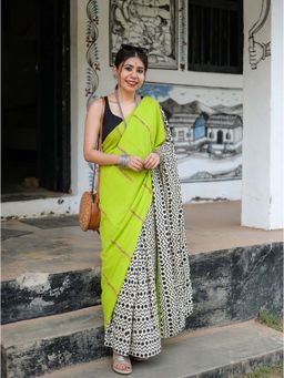 AMRUTKALA SAREES - Green Designer Linen Printed Saree with Unstitched Blouse