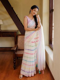 AMRUTKALA SAREES - White Designer Linen Printed Saree with Unstitched Blouse