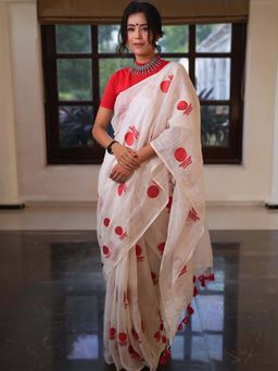 AMRUTKALA SAREES - White Designer Linen Printed Saree with Unstitched Blouse