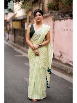 AMRUTKALA SAREES - Green Designer Linen Stripes Printed Saree with Unstitched Blouse
