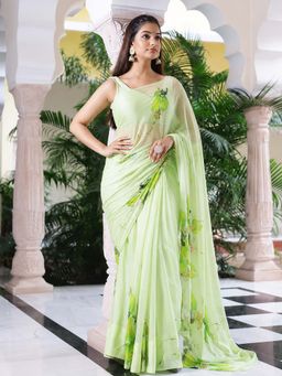 AMRUTKALA SAREES - Green Designer Linen Floral Printed Saree with Unstitched Blouse