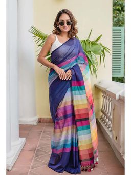 AMRUTKALA SAREES - Navy Blue Designer Linen Colorblock Solid Saree with Unstitched Blouse