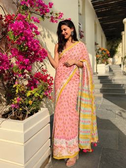 AMRUTKALA SAREES - Peach Designer Linen Floral Printed Saree with Unstitched Blouse