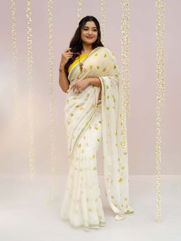 AMRUTKALA SAREES - White Designer Linen Printed Saree with Unstitched Blouse