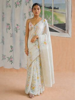 AMRUTKALA SAREES - White Designer Linen Floral Printed Saree with Unstitched Blouse