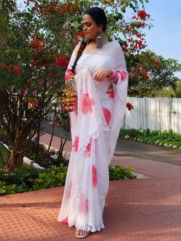 AMRUTKALA SAREES - White Designer Linen Printed Saree with Unstitched Blouse