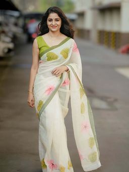 AMRUTKALA SAREES - White Designer Linen Printed Saree with Unstitched Blouse