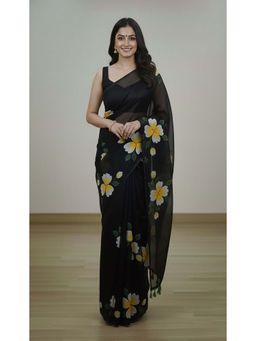 AMRUTKALA SAREES - Black Designer Linen Printed Saree with Unstitched Blouse