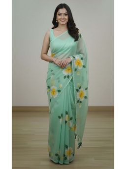 AMRUTKALA SAREES - Green Designer Linen Printed Saree with Unstitched Blouse