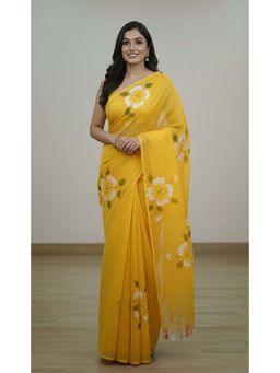 AMRUTKALA SAREES - Yellow Designer Linen Printed Saree with Unstitched Blouse