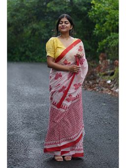 AMRUTKALA SAREES - White Designer Linen Printed Saree with Unstitched Blouse